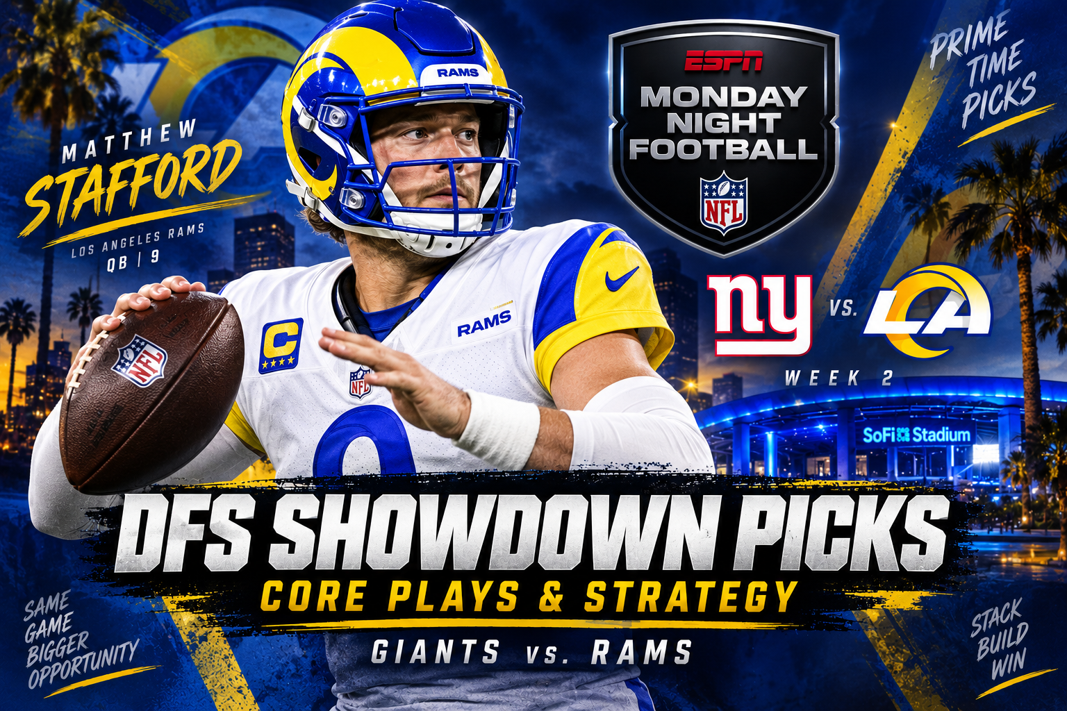 week 2 mnf dfs showdown picks matthew stafford