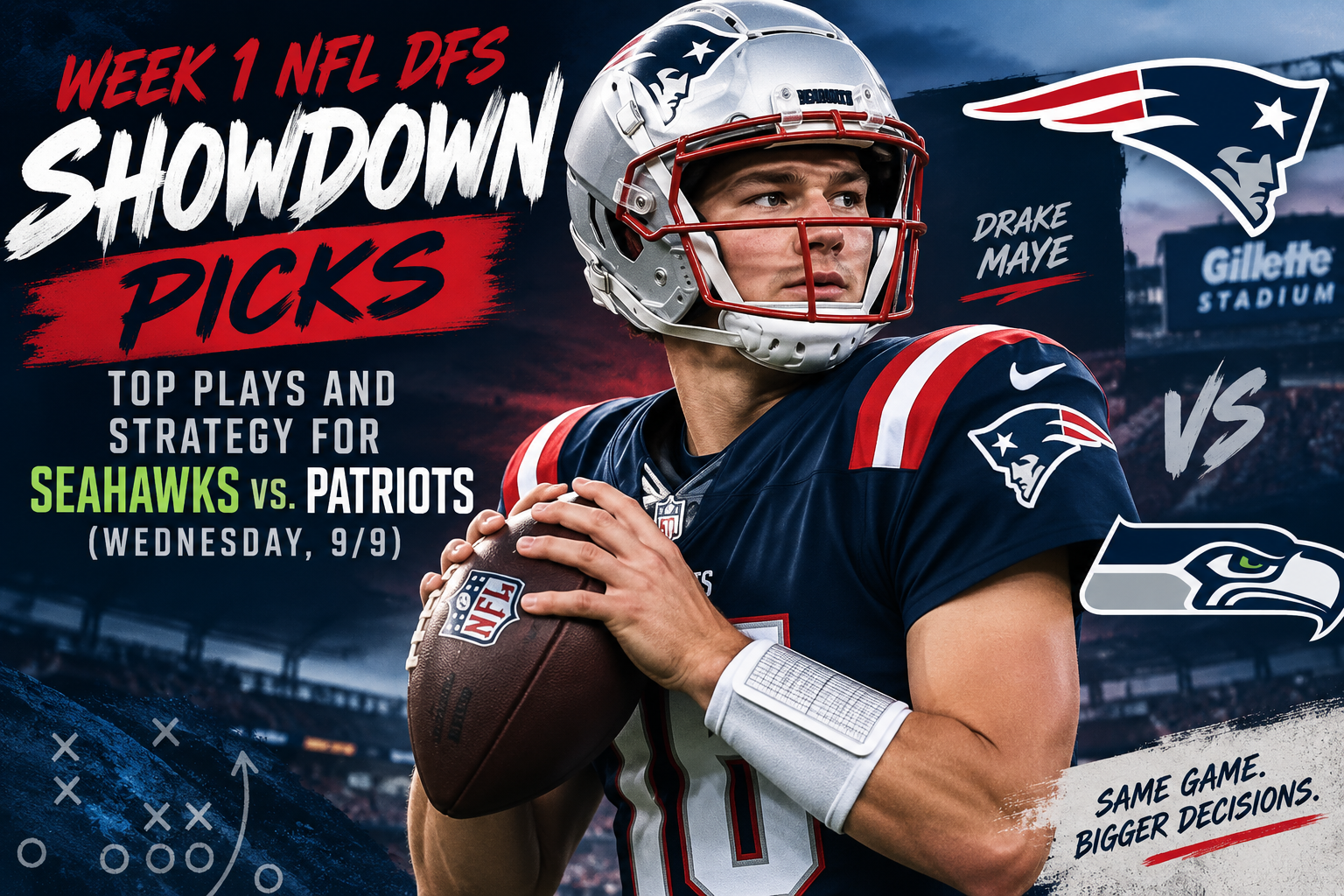 nfl dfs showdown picks seahawks patriots drake maye week 1 kickoff game